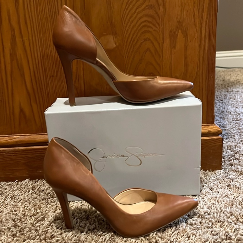 Jessica Simpson Tan Brown Leather Pointed Toe High Heels